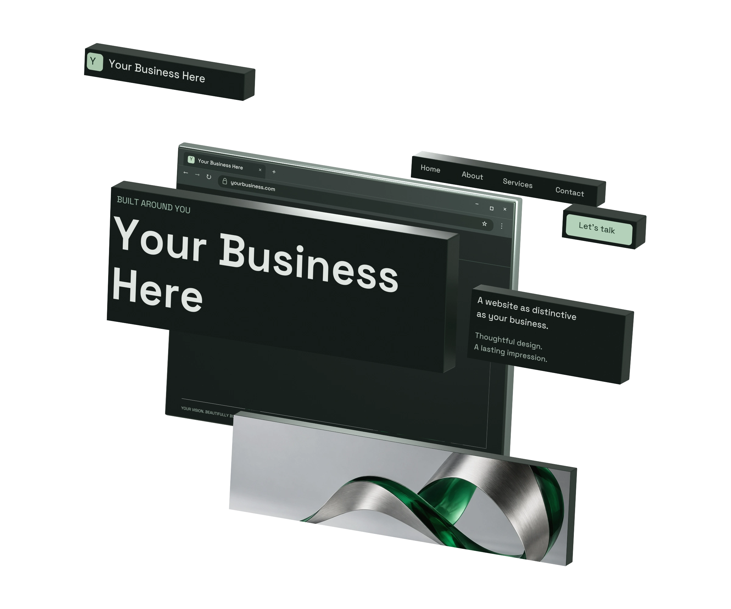 Your Business Here: a custom sample website with large dimensional panels and a sculptural green and silver banner.